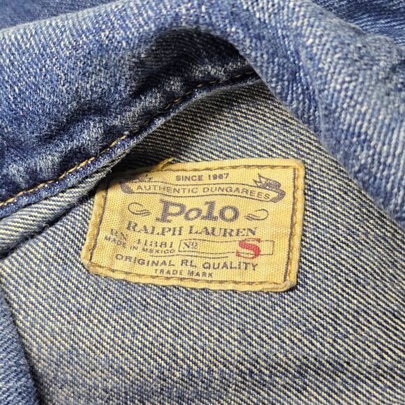Vintage Polo Ralph Lauren S Small Dungaree Trucker Jacket Blue Distressed Denim - Picture 5 of 8